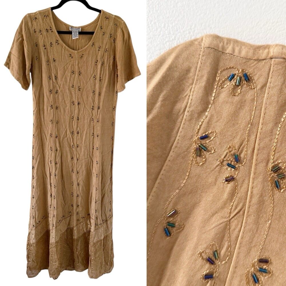 Vtg Emeralda Boho Artsy Womens Midi Dress Sz 6 Lagenlook Hippie Rayon Tie Back